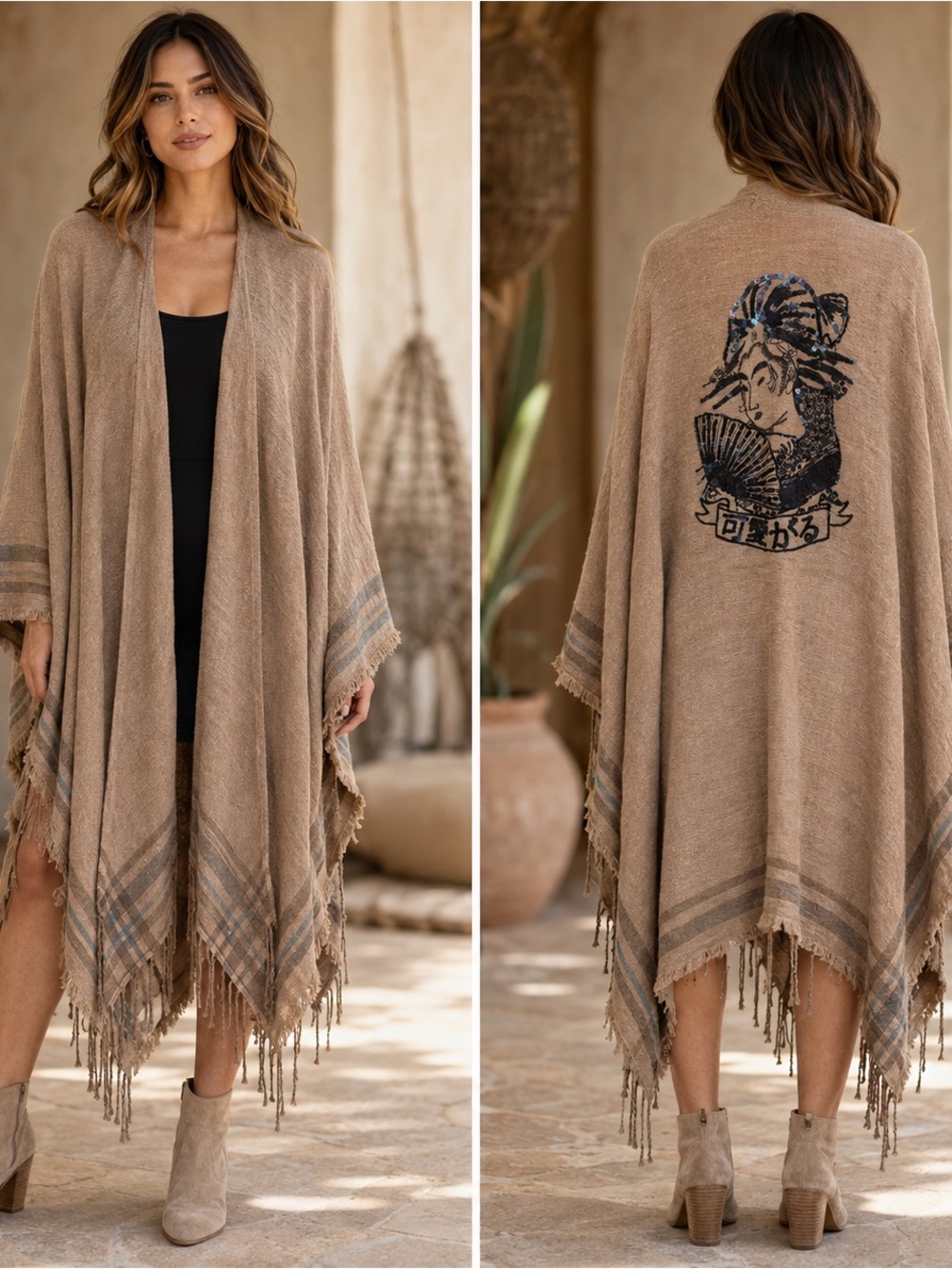 Geisha Sequin Kimono Poncho Fringe Boho Festival Wrap Taupe One Size